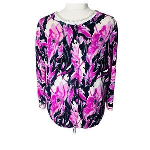 TALBOTS Womens Sweater Soft Cotton Silk Cardigan Floral Preppy SZ XL Colorful